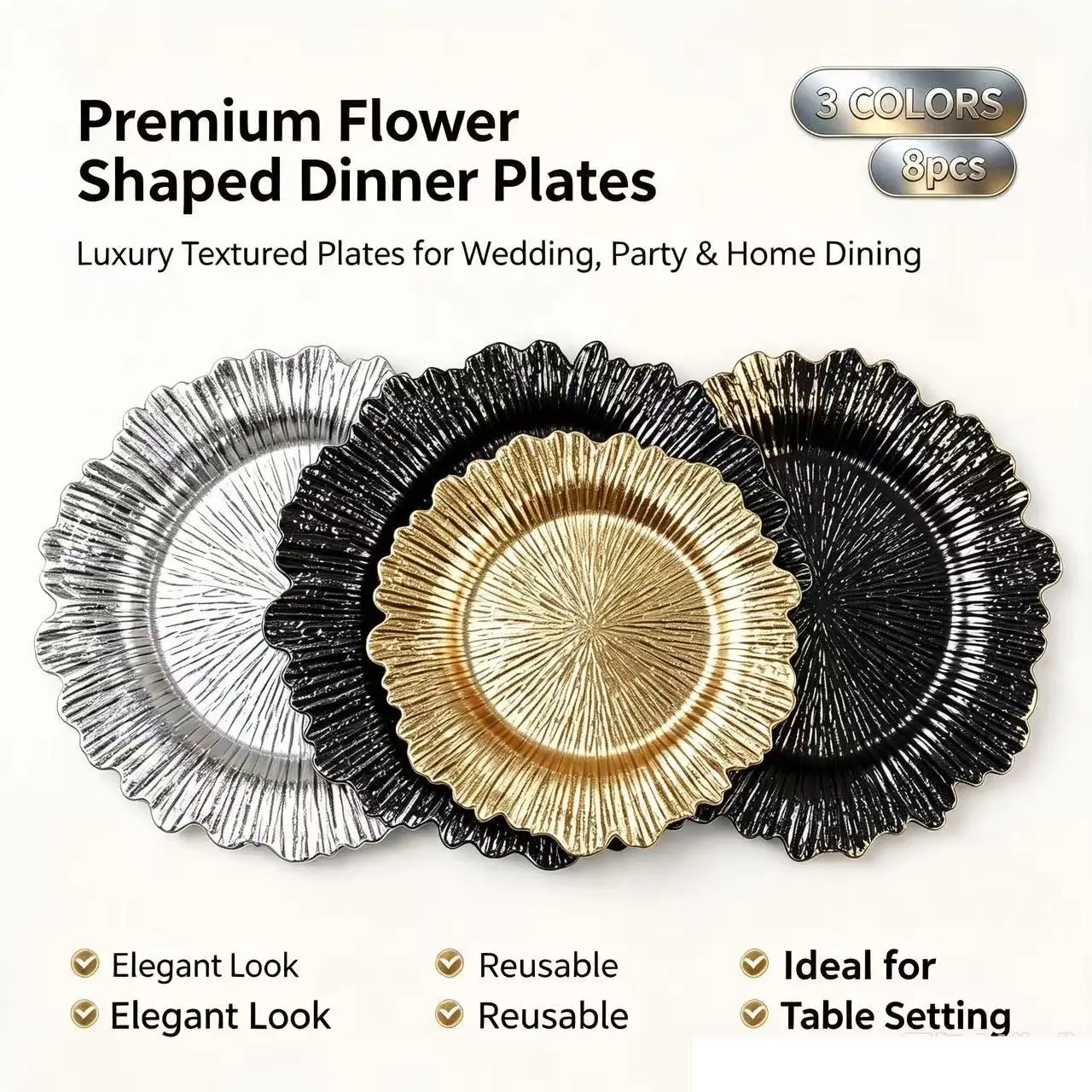 Luxury Floral Western Dinner Plate Set, 8-Piece Silver Color Wedding Party Decorative Petal Texture Plates