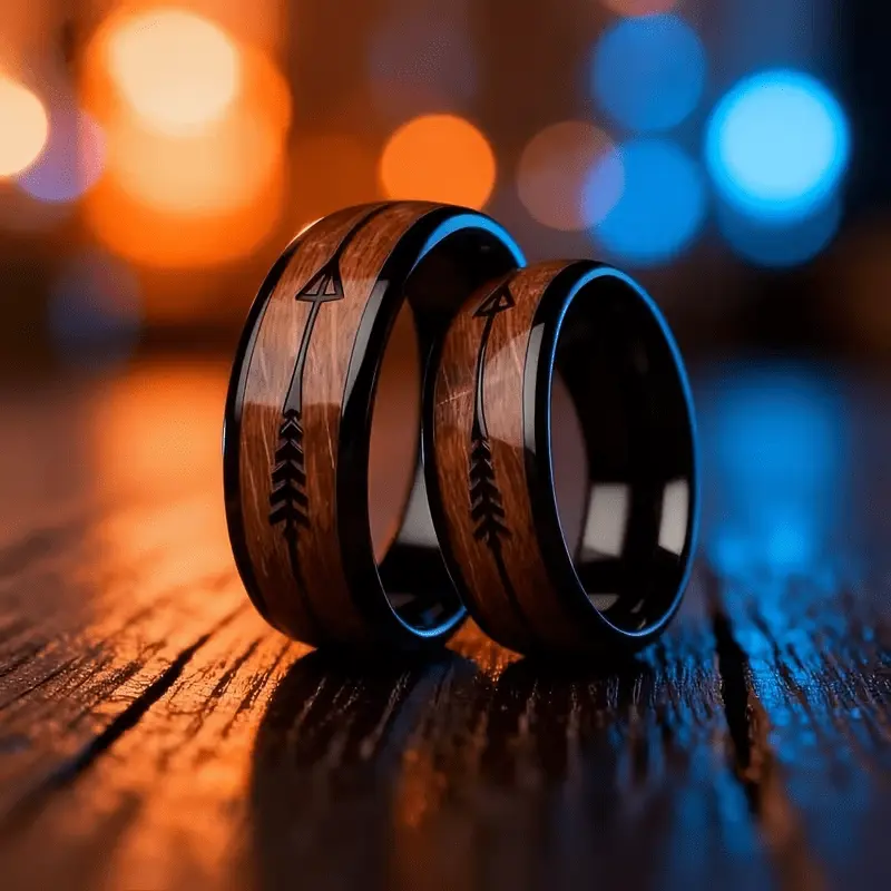 Men's 8mm 316L Stainless Steel Round Band Ring, Boho Rustic Style with Inlaid Wood Grain & Arrow Engraving, Comfort Fit for Daily Wear & Outdoor Activities, Rings