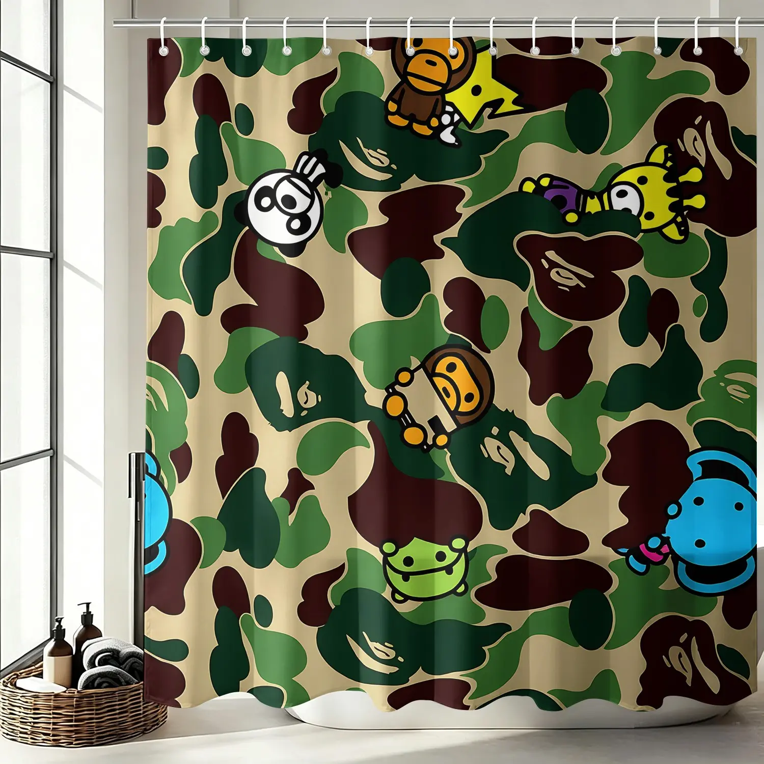 Camouflage Cartoon Animal Print Bohemian Shower Curtain Boho, Green Classic Camo Cute Monkey Panda Giraffe Print Streetwear Bathroom Decor, Cool Hip Hop Kids Shower Curtains with Hooks 72X72Inch