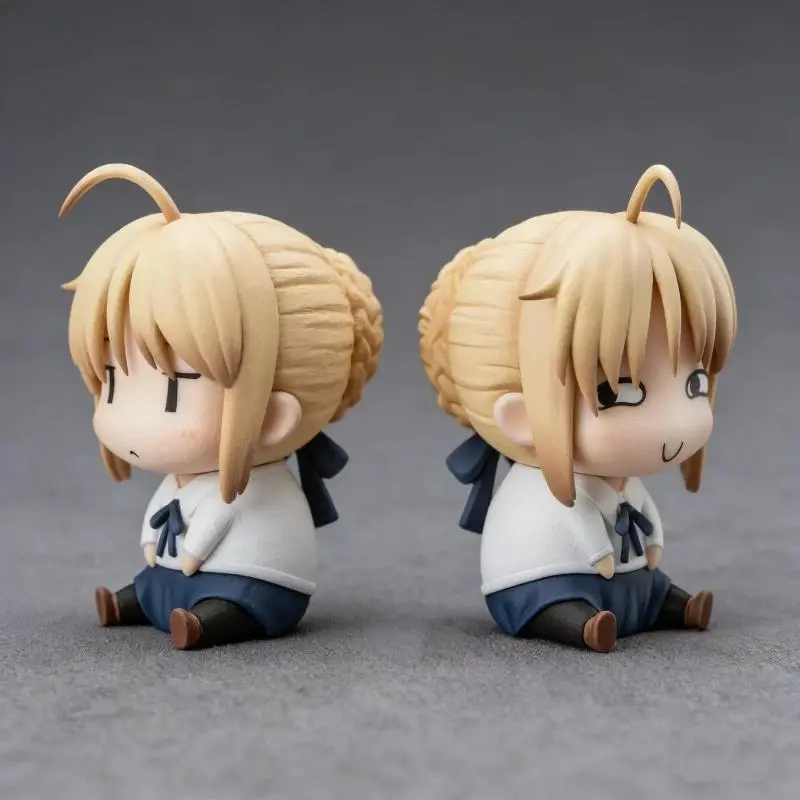 10cm Fate Series Chibi Saber Figure Q Version Funny Dumb Face Sitting Anime Model Desktop Ornament Toy Car Decor Game Fans Gifts