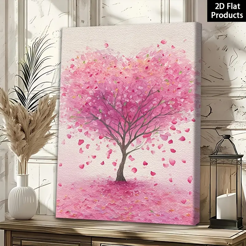 2D Flat Framed Canvas Painting Poster| Cherry Petals Scattered Heart Tree Beauty 22| Perfect for Wall Decor Art, Room Decoration, Living Room, Winter Spring Home Decor, Bathroom Decor, Valentine'S Day Decorations and Gifts| Frame, Art Deco Style