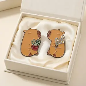 Adorable Capybara Brooch Pin with Floral Design – Cute Animal Jewelry for Clothing Additions, Perfect Gift for Women, KC Golden Plated Zinc Alloy, Cartoon Style, Casual Attire Or Gifting