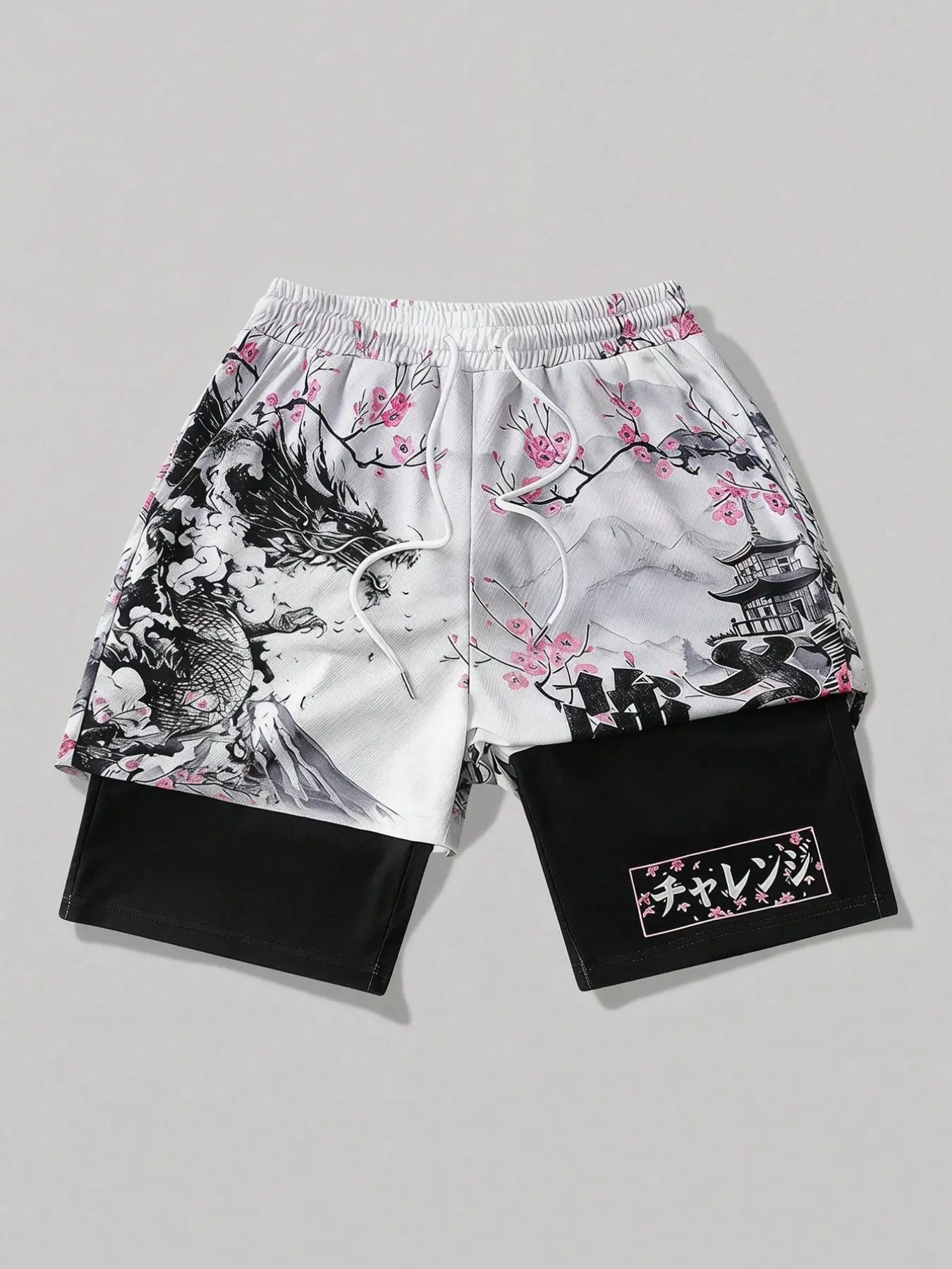 Men's Chinese Style Shorts with Dragon, Plum Blossom, Landscape and Traditional Building Prints, Panelled Hem, Drawstring Elastic Waist