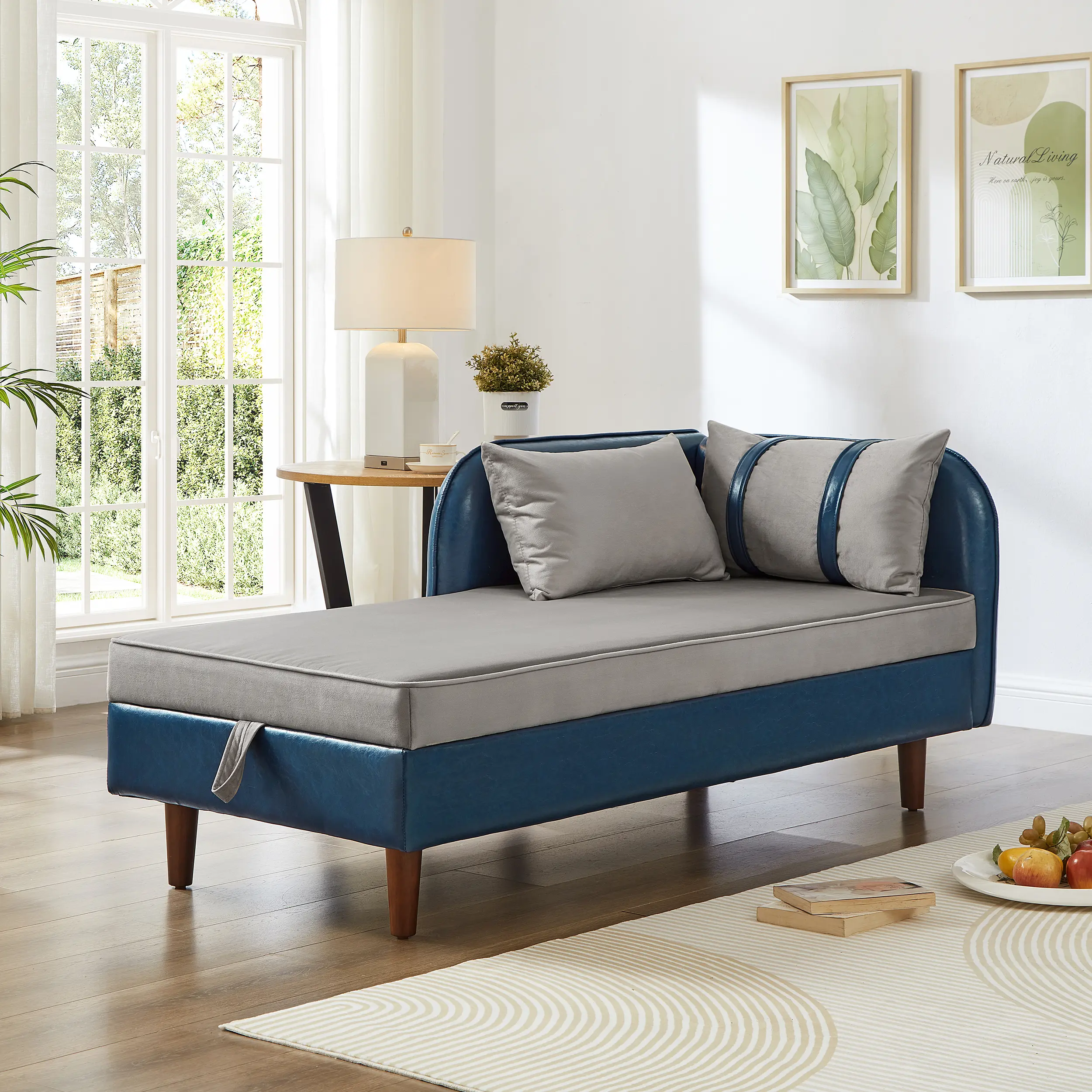 Nokaa 65" Storage Chaise Lounge Sofa, L-Shaped Sectional Couch with Hidden Storage Compartment, Navy Blue PU and Light Gray Velvet Upholstery, Living Room Furniture for Apartment, Modern Design