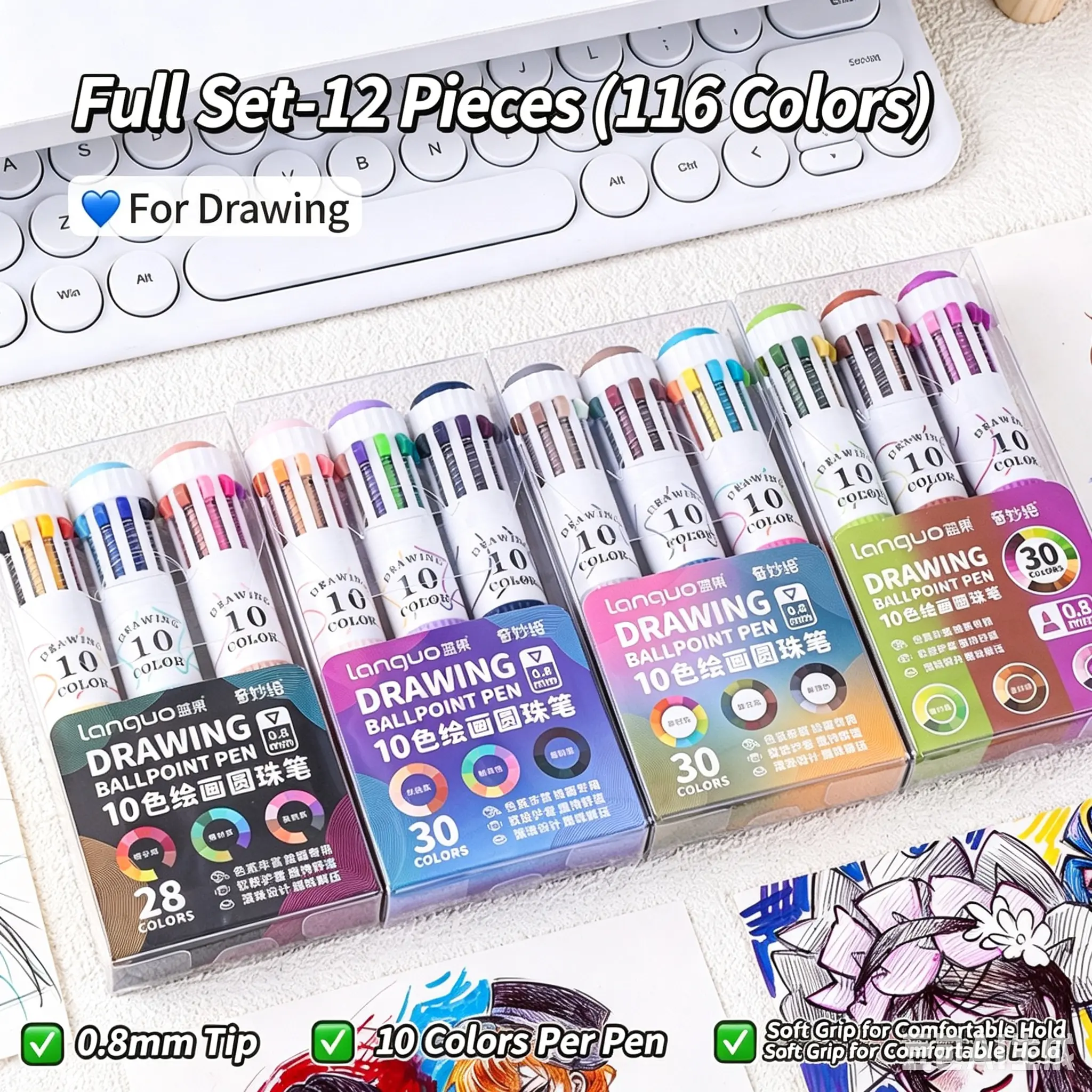 12-Pack Multi-Color Retractable Drawing Ballpoint Pens, 116 Total Colors, Fine Tip Art Pens for Sketching & Journaling, Retractable Pen