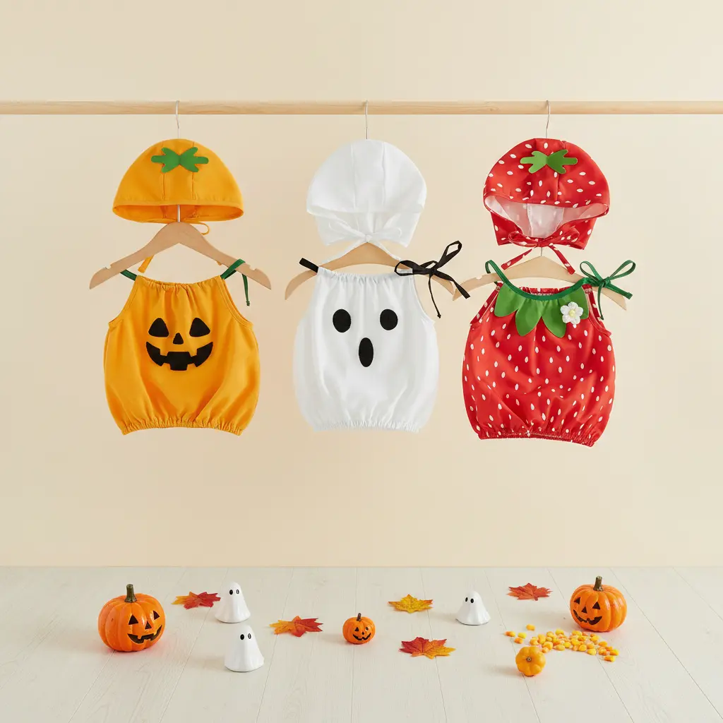Baby Girl Halloween Romper Sets - Halter Neck Romper with Hat, Strawberry/Pumpkin/Ghost Themed Costumes