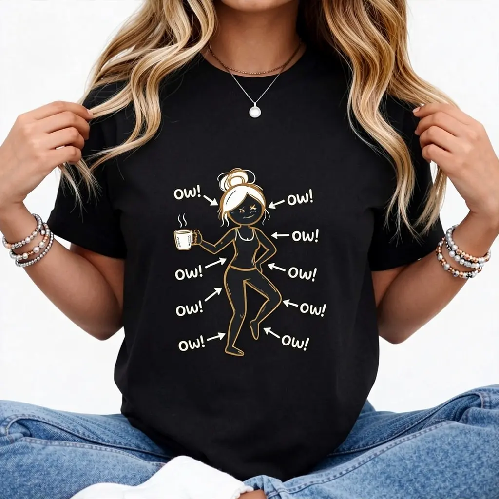 Funny Ow Ow Ow Saying Body Pain Character Humor Women Girls Cotton T-shirt, Graphic Crew Neck Soft Top Short Sleeve Casual Unsex Shirt for Men Women