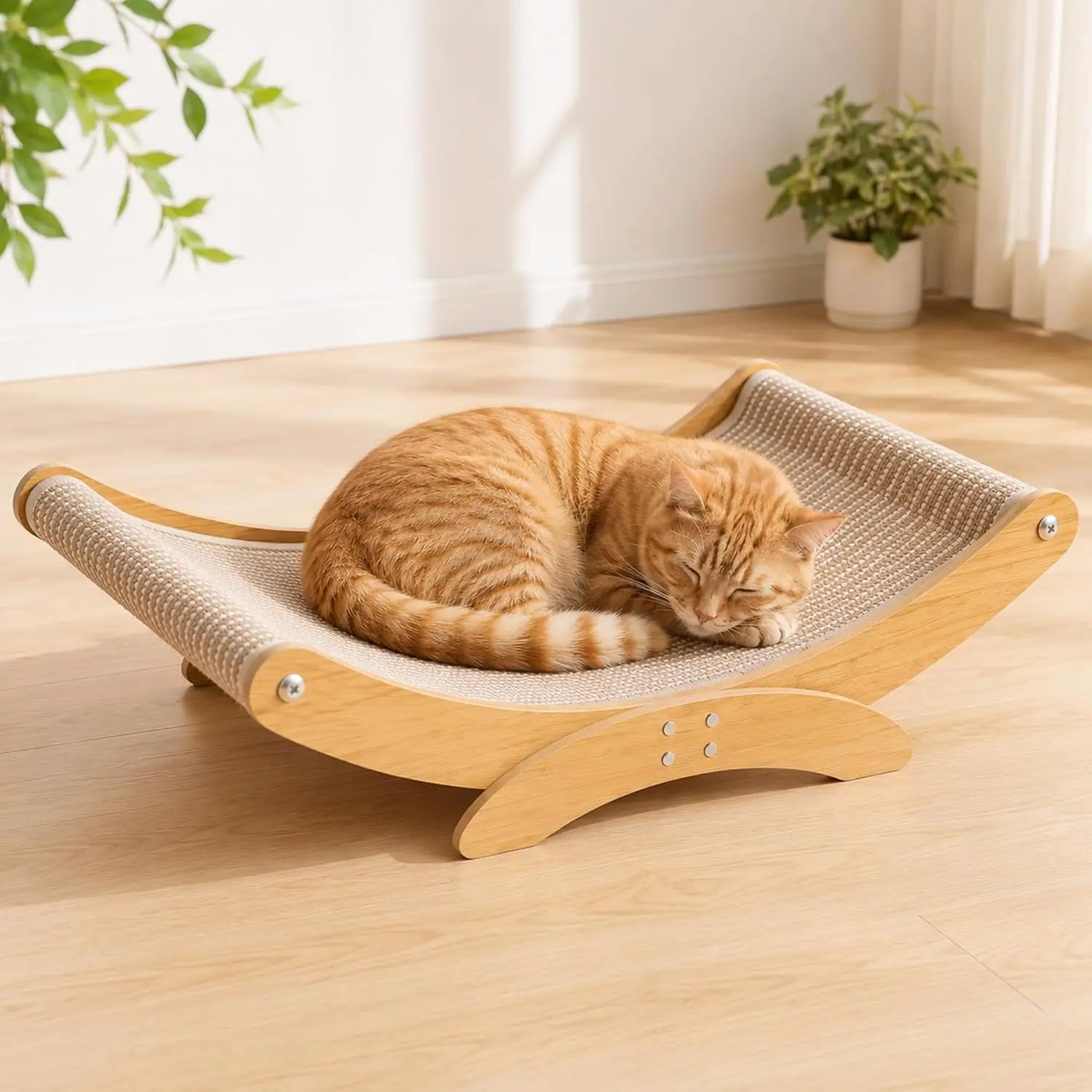 Cat Scratcher Bed for Indoor Cats - 23.6" Large Natural Sisal Cat Scratching Board, Wood Frame Scratch Pad, Modern Cats Lounger/Hammock, Easy Assembly Furniture cat wall climbing system