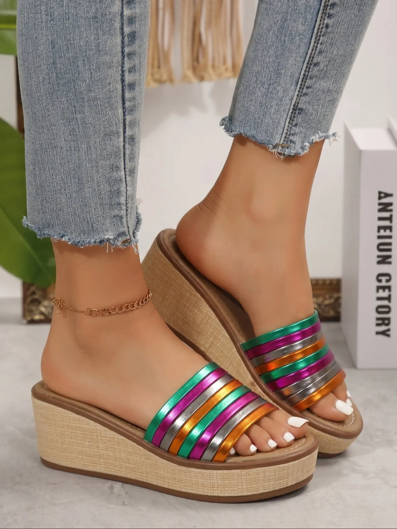 Rainbow Color Thick Sole Wedge Sandals, Metal Multi-Color Straps, Soft Anti-Slip Sole, Casual Outdoor Shoes for Women, Summer Footwear