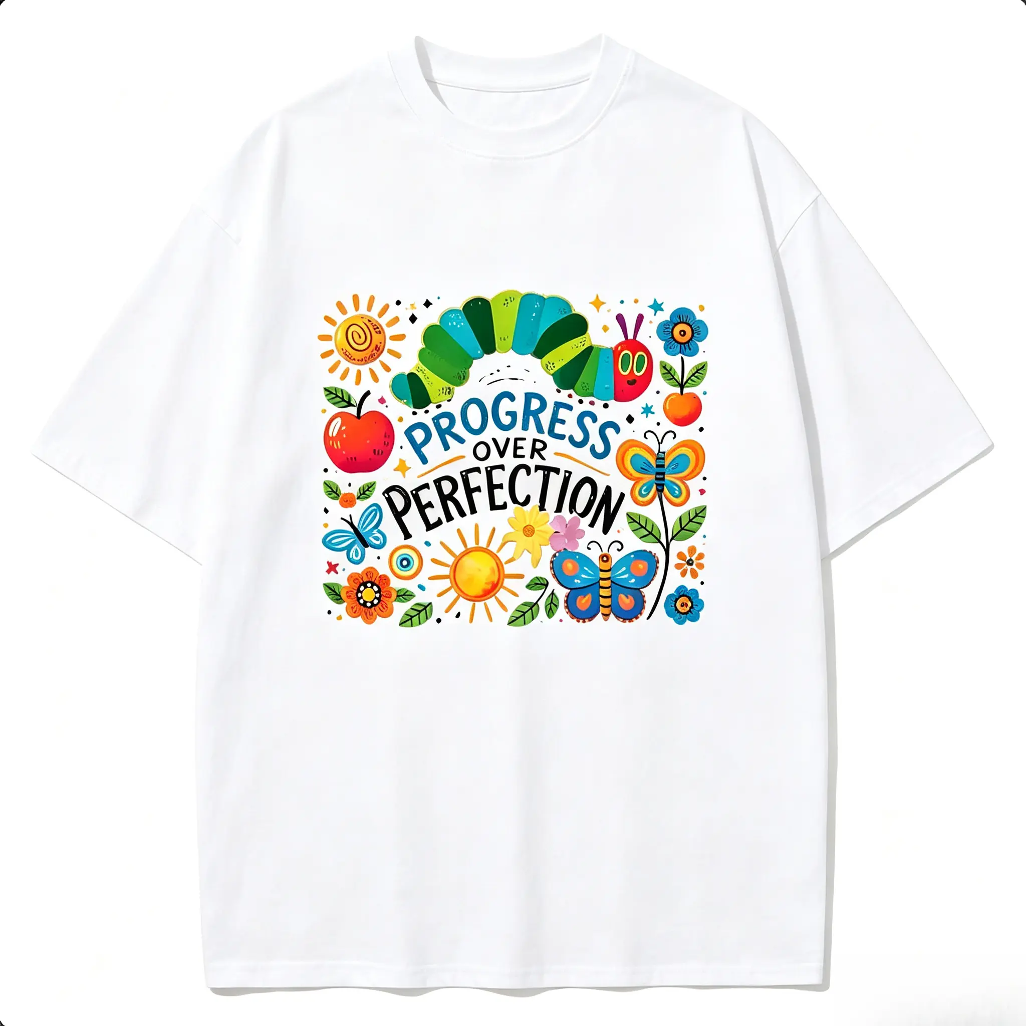 Crew Neck Oversized Short-Sleeve Casual Outdoor Sports Top with Retro Caterpillar Print, Neutral Fashion Design for Summer Wear, Shortsleeve, Tops, All Seasons,everyday,back, Unisex, Retro Print, Round Neck, T-Shirt