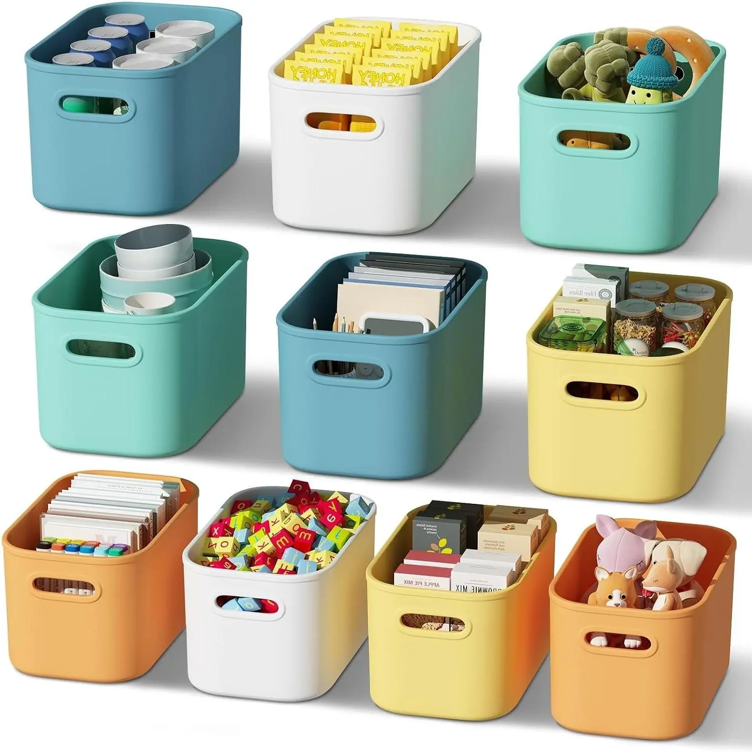 10 Pack Colorful Plastic Storage Bins with Handles, Cute Organizer Containers for Craft, Snacks, Cabinet, 9.69x6.7x5.7 inchesGift