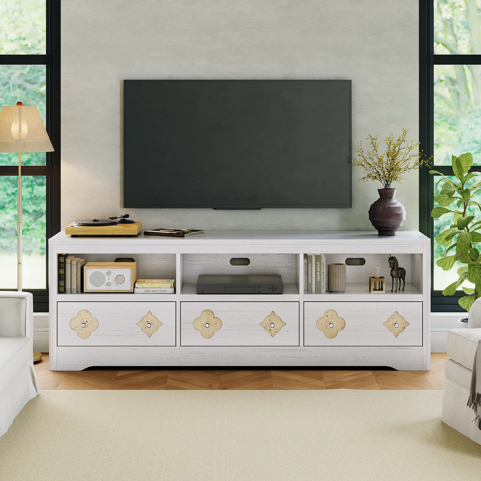 GARVEE 70-in Rustic Natural Wood Freestanding TV Stand - Carved Drawer, Open Shelves, Storage Cabinet - Large Screen TV Stands & Multimedia Centres - Fits 85-in TVs - Living Room Indoor Furniture