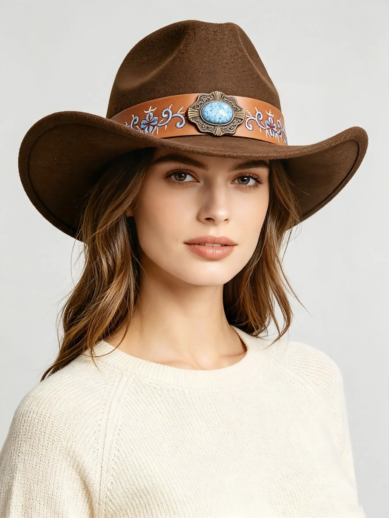 2pcs Four season lightweight vacation cowboy hat with American ethnic style embroidery and blue bead decoration, classic solid color cowboy hat for men and women