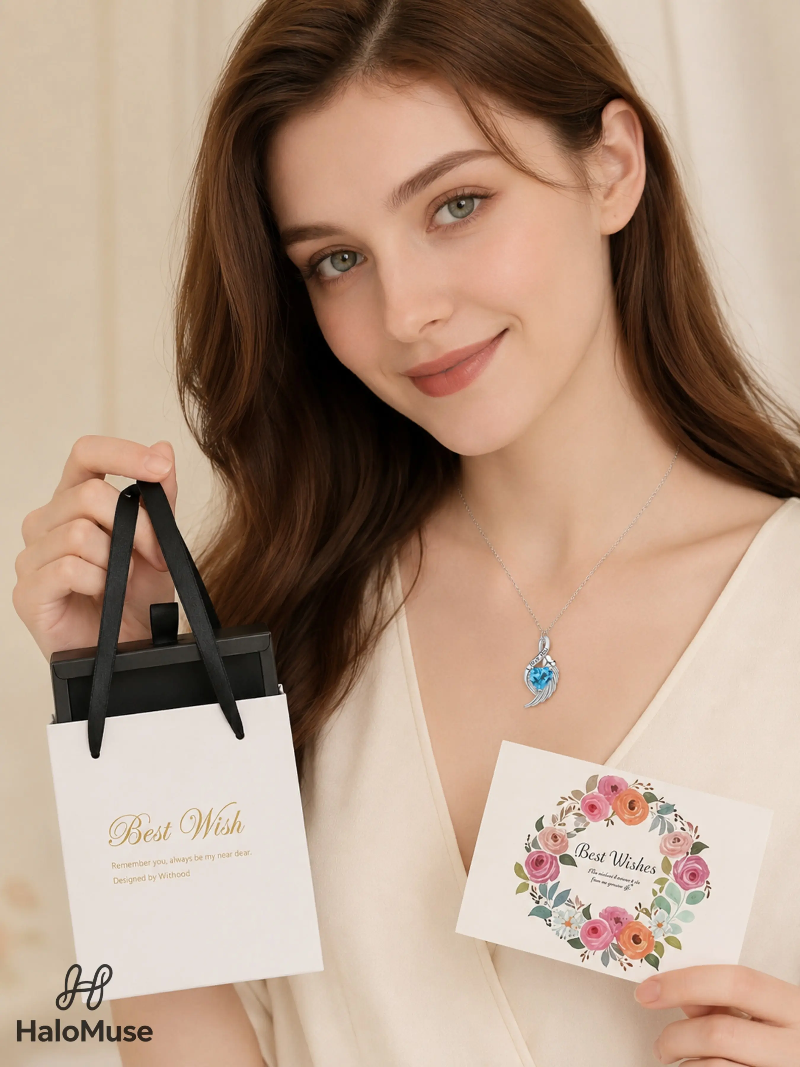 Halo Muse 1Set Blue Heart Angel Wing Necklace Gift Box Set, Sparkly Diamond Silver Tone Pendant Chain with I Love You Engraving, Pull Gift Box and Card, Perfect Valentine’s Day, Birthday & Anniversary Jewelry Gift