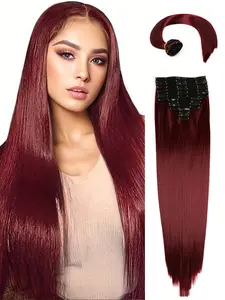 20-Inch Seamless Long Straight Clip-In Hair Extensions, Synthetic Fiber, Invisible Clip Design, 8 Pcs 18 Clips Set, Available in Burgundy & More, Perfect for Women's Music Festivals & Carnivals