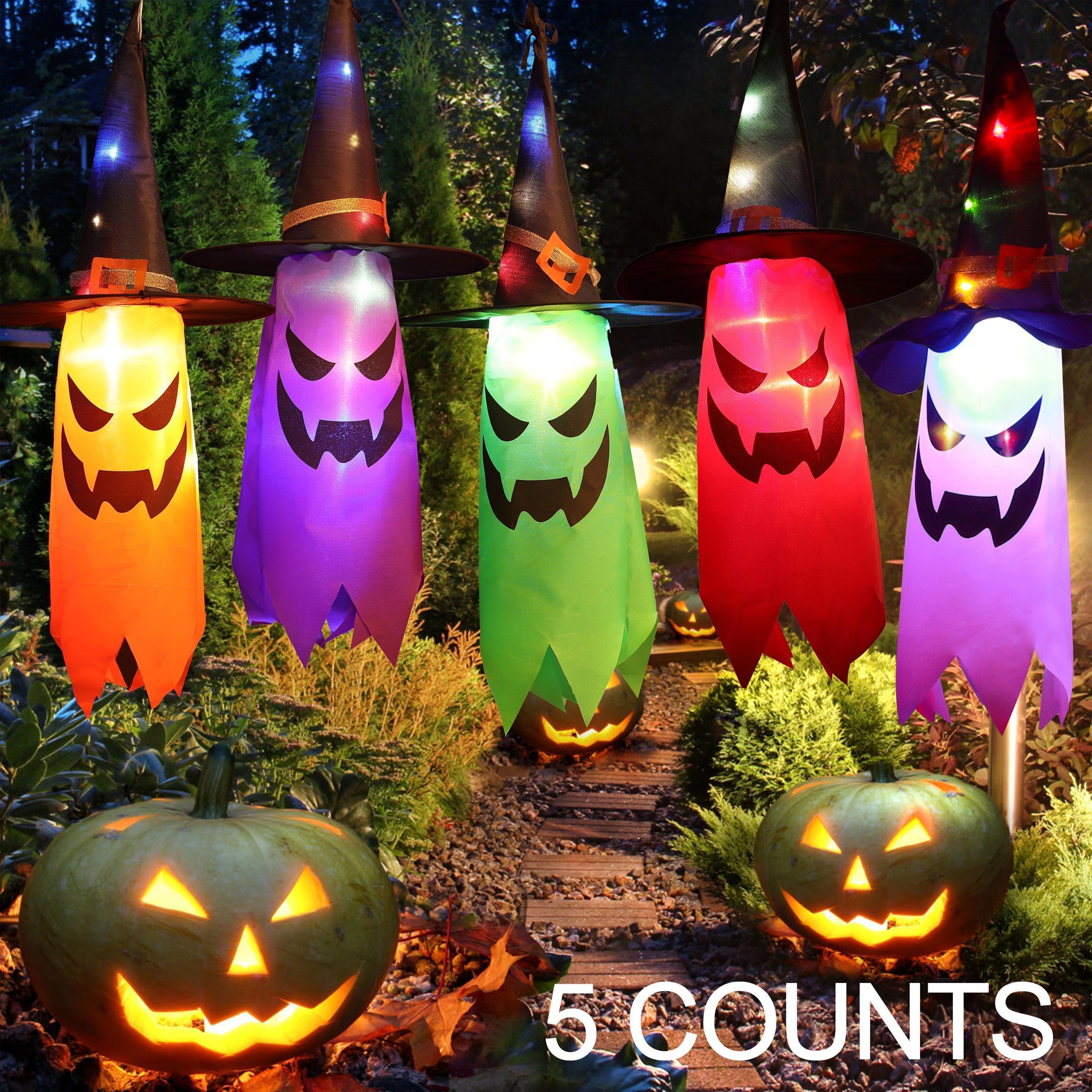 Halloween Glowing Decor 5-String LED Lights, Battery-Powered Ghost Witch Hat Atmosphere, Outdoor Decoration for Yard Garden Porch Tree