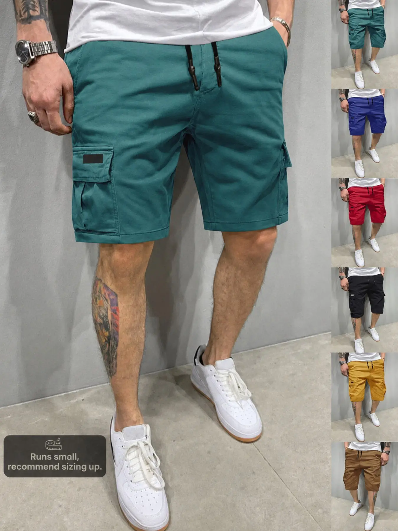 Men's Solid Cargo Shorts, Casual Relaxed-Fit Woven 5" Shorts, Multi-Pocket Mid-Rise Straight-Leg Design, Drawstring Waist, Summer Daily Wear for Commute & Outdoor Sports, Classic Versatile Essential for Men's Wardrobe
