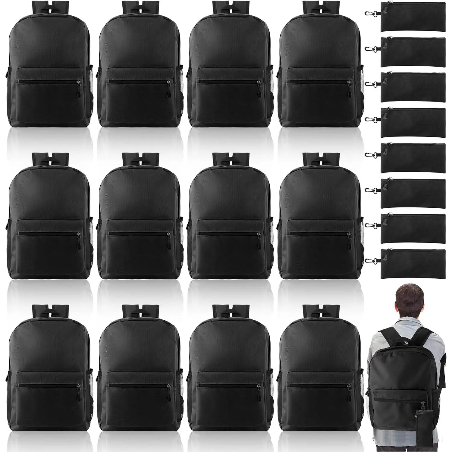 Bulk School Backpacks (12 Count) with 12 Pencil Pouches, 15.7"x11.8" Oxford Cloth Bookbags, Lightweight School & Work Supplies with Mesh Side Pockets & Reinforced Zip
