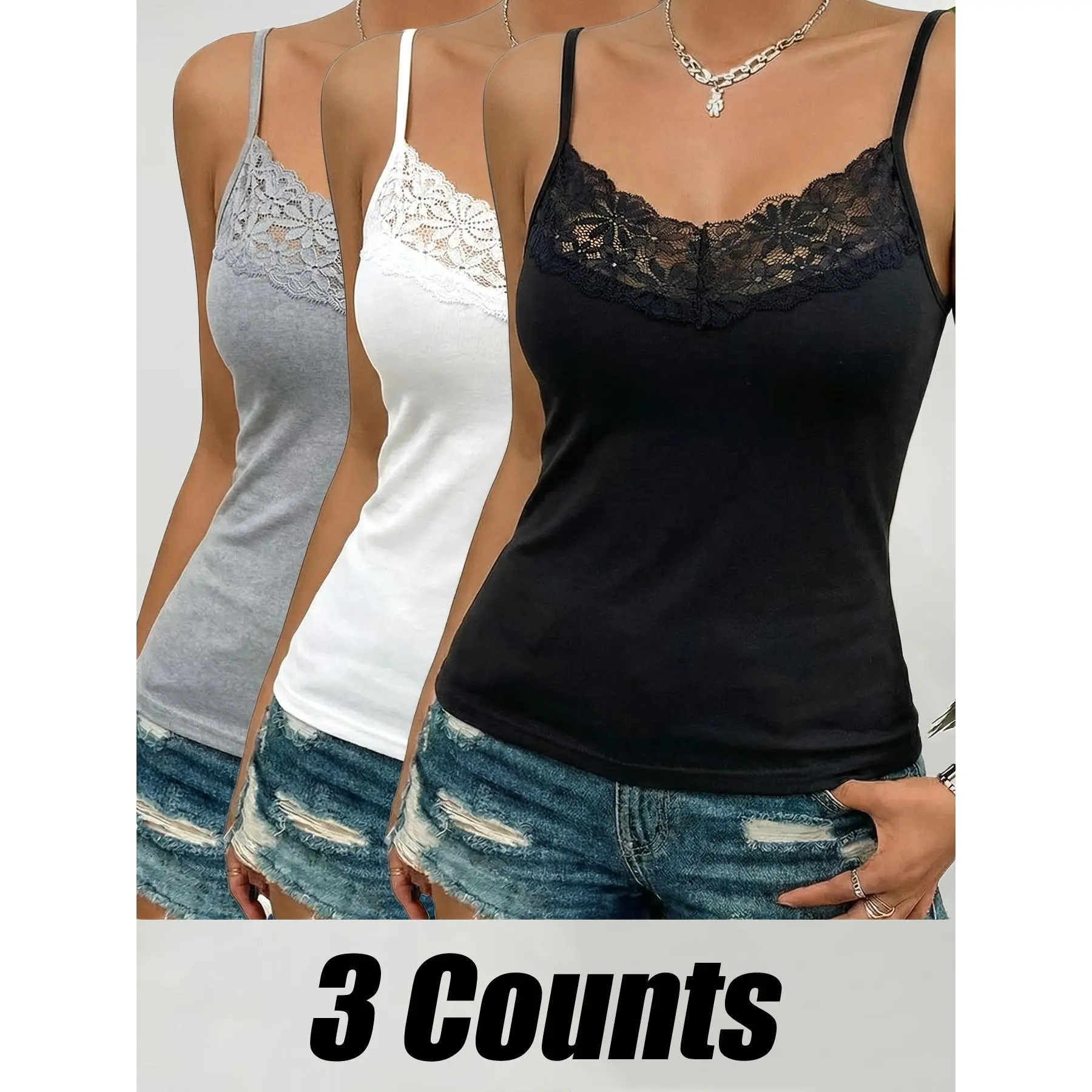 Women's 3-Pack Lace Trim Camisole Tank Tops, Solid Fitted Base Layer, Lightweight Polyester for Casual Daily Wear & Sports, Sleeveless, 3 Counts, Minimalist, Lace Tank Top, Athletic, V-Neck, Stretchable, Multi-Function