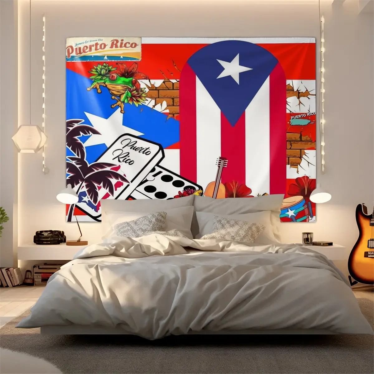 Puerto Rican Domino & Music Tapestry, Coqui Frog Tropical Hibiscus Palm Tree Tapestries, Print Tapestry, Tapestry Room Decor, Vibrant Island Style Wall Hanging, Perfect for Bedroom, Living Room, Great Gift for Puerto Rico Natives and Folk Art Fans