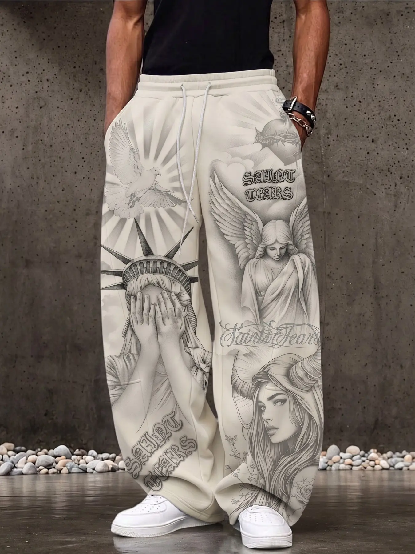 Polyester Fabric Men Elastic Drawstring Wide Leg Full Length Sweatpants, SAINT TEARS Statue Of Liberty Angel Dove Religious Figure Full Print Casual Trousers, Gauchos Pants Smartypants, Pants Royal Ascot Outfits, Menswear Clothing, Ropa De Hombre, Uomo Me