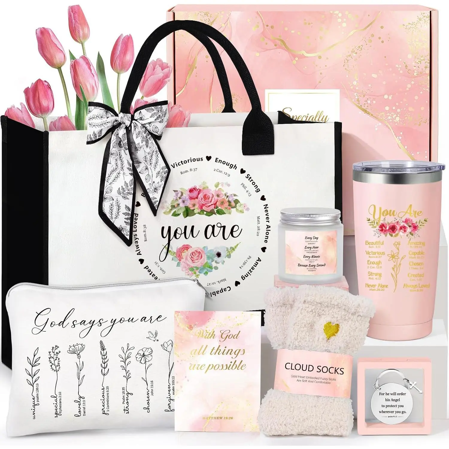 Christian Gifts for Women, 8 count Faith Based  Religious Box for Women Catholic Christmas  Birthday Basket Inspirational   Verse Set with Tote Bag for Mom Grandma Sister