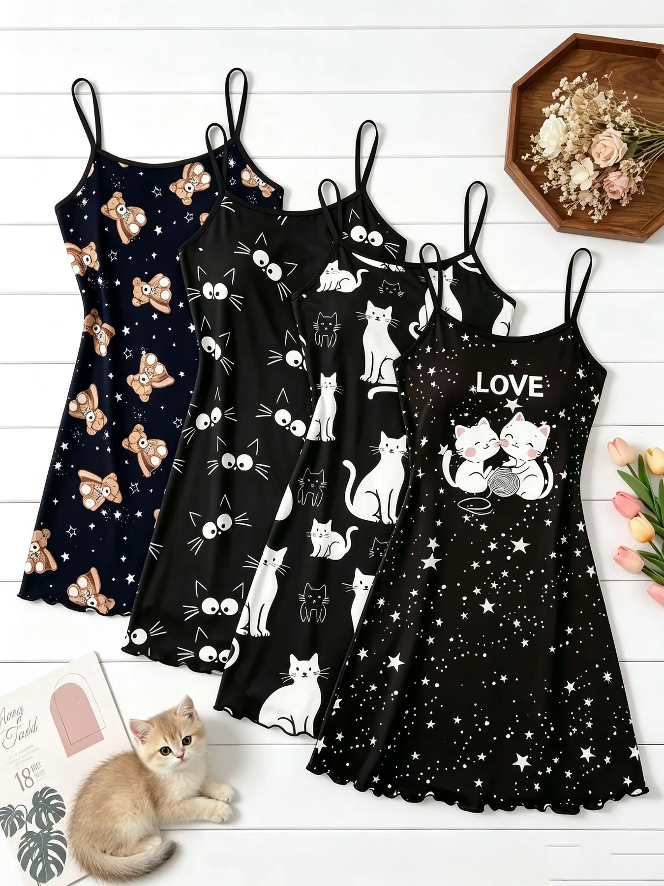 4 Pack Viral 2026 Trending Best Seller Women's Sleepwear & Loungewear Black White Cat Teddy Bear Star Print Summer Spaghetti Strap Ruffle Hem Ultra Buttery Soft Slip Dress Lightweight Comfy Breathable Casual Nightgown for Daily Wear