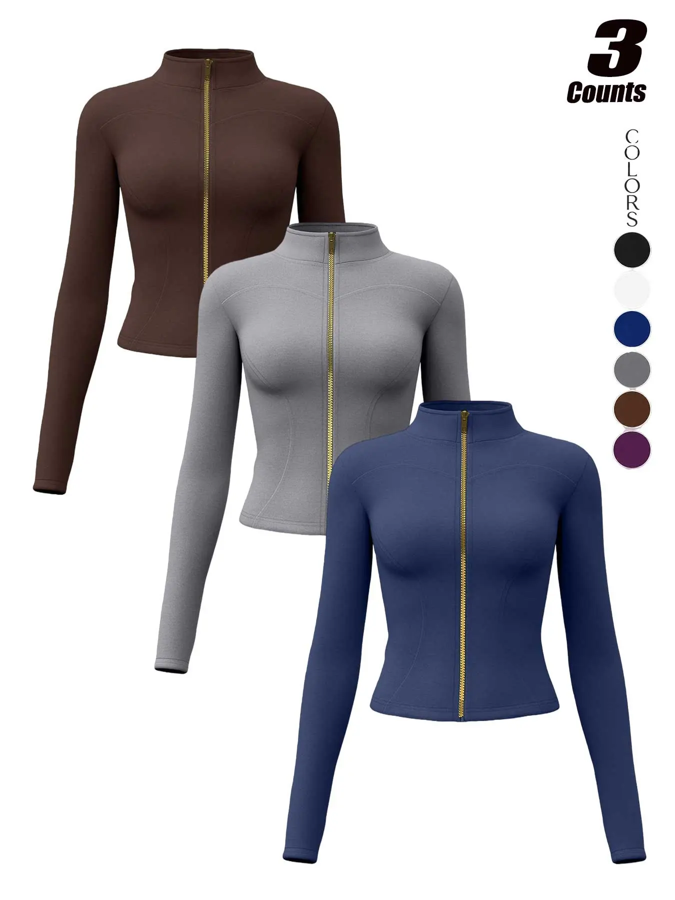 Women's Gold Zipper Yoga Jacket, Stand Collar Long Sleeve Athletic Jacket, High Elastic Cinched Waist Slim Fit Tight Sportswear With Thumb Holes, Pilates Fitness Top, Casual Sportswear Jacket