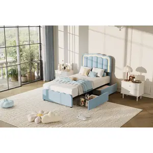 Piano-Key Velvet Upholstered Bed Frame with Drawers, Choose Blue, White, or Pink, Twin and Full Sizes, MDF and Metal, No Box Spring Needed