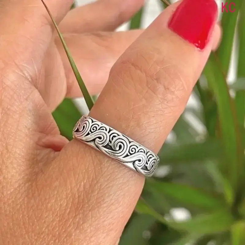 Vintage Cloud Pattern Open Ring For Men, Oriental Ethnic Style Fashion Statement Finger Jewelry With Retro Texture For Daily Street Outfits