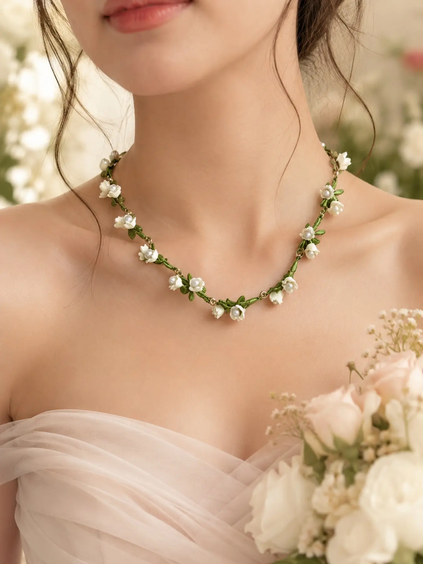 1 Piece Lily of the Valley Necklace for Women, Floral Collar Necklace with Pearl-Look Accents, Back to School College Outfit Jewelry Gift