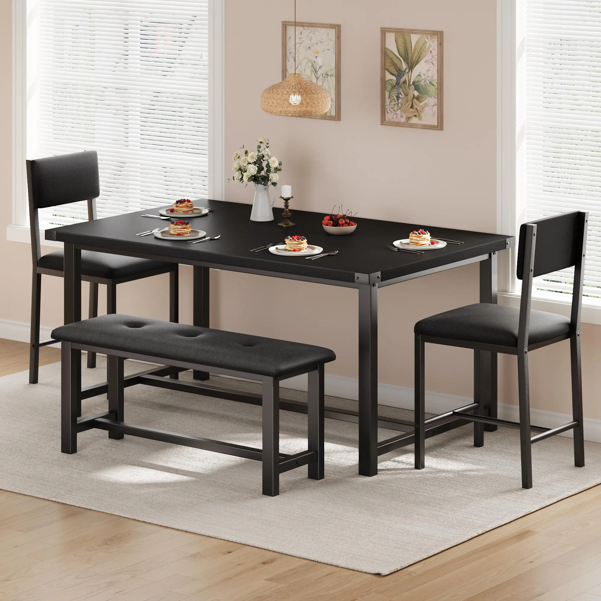 4-Piece Rectangular Industrial Dining Table Set with 2 Chairs & Bench, Space-Saving Kitchen Table for Small Apartments, Heavy Duty Steel Frame, 400lbs Capacity, Faux Wood Top, Easy Assembly, Modern Farmhouse Breakfast Nook Furniture