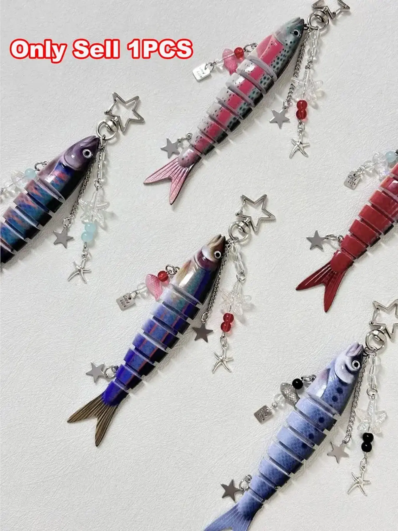 Novelty Star & Fish Keychain, Jointed Realistic Fish Lure Keyring with Beaded Charm, Good Luck Kawaii Fish Key Pendant Trinket for Bags and Backpacks, Accessories, Universal Keychain, Collectible Bag Keychain, Bag Key Accessory