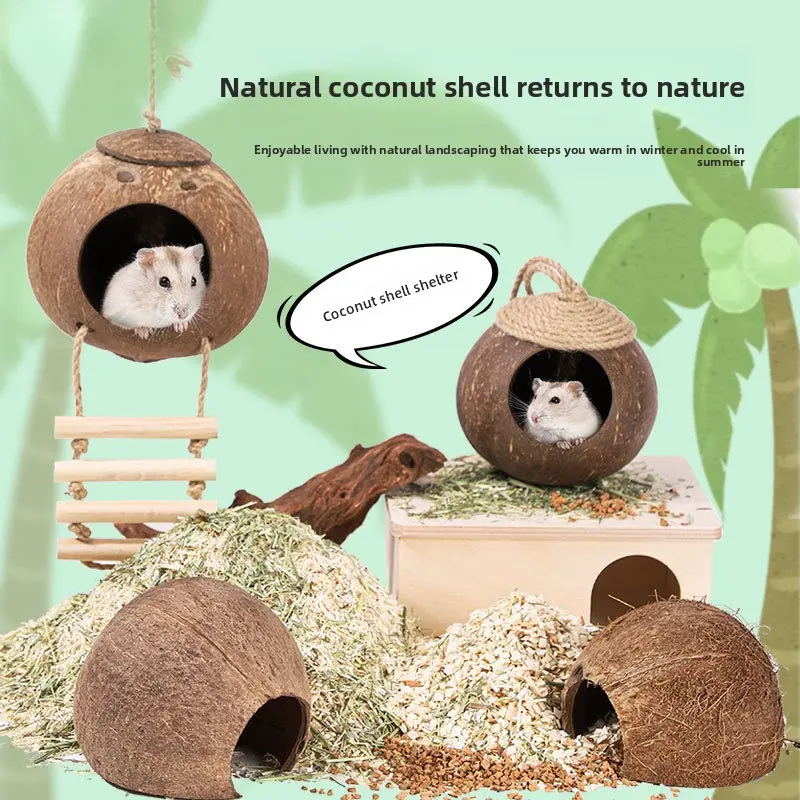 Natural Coconut Shell Hideout, Hamster Sleeping Hut, Syrian Hamster Shelter Cage Decor, Bird Nest for Parakeets Budgies