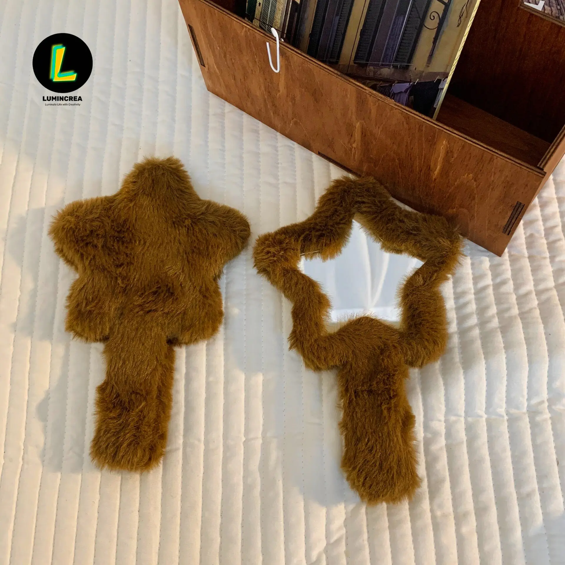 Premium Brown Star-Shape Plush Handheld Mirror - Anti-Slip Grip, Desktop Use, Mini Useful Gifts, Korean-Style Creative Bathroom Gadget for Makeup