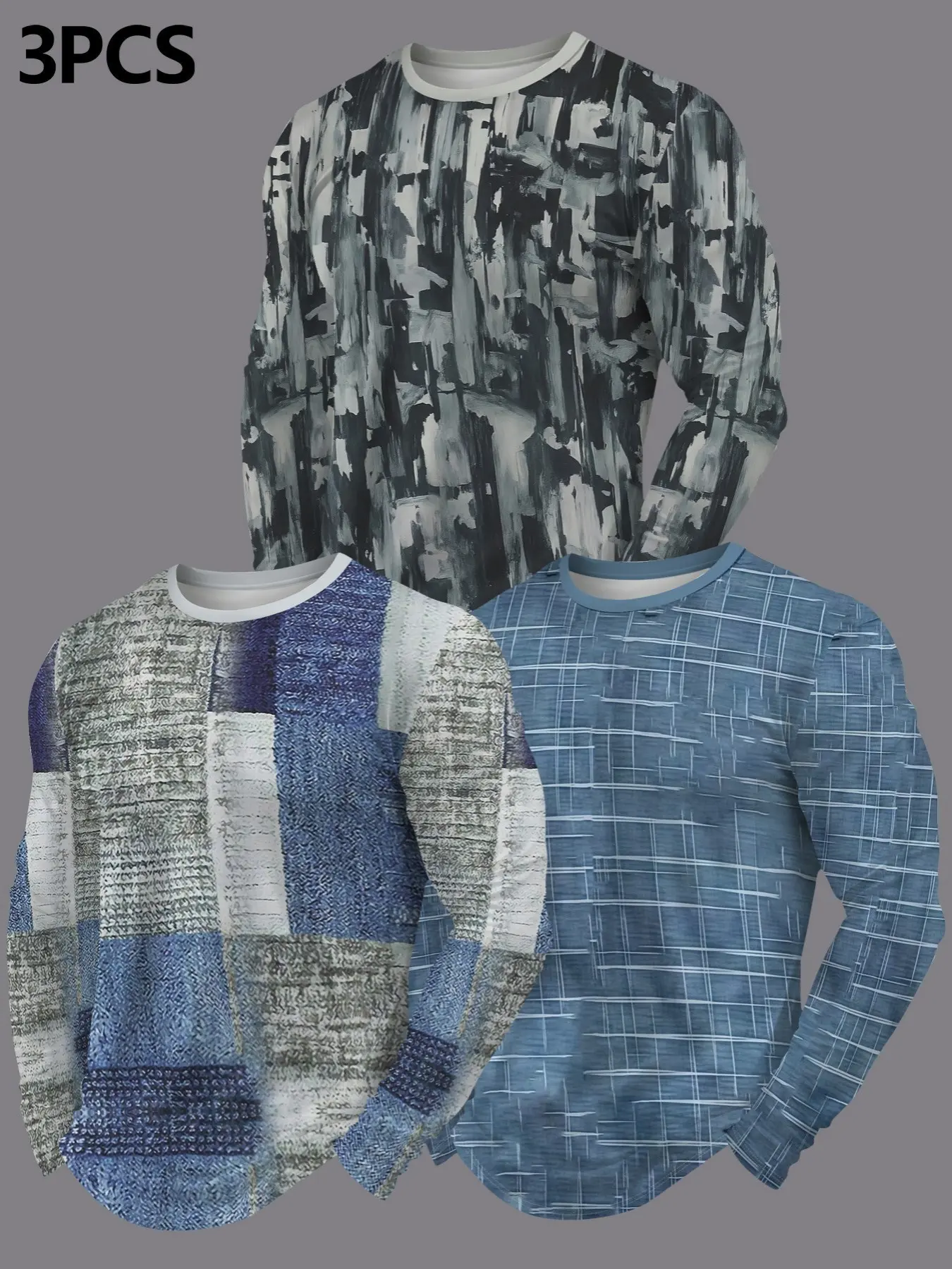 Men's 3-Piece Set Long Sleeve T-Shirts, Abstract Art Print, Knit Patchwork, Blue Plaid, Comfortable Casual Wear, Trendy Men's Clothing, Patchwork Knit Tops