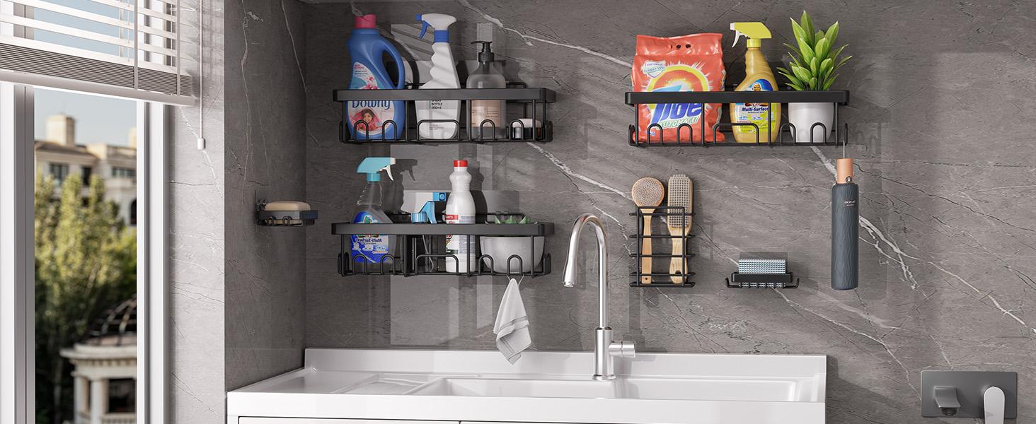 Shower Caddy 6-Pack, Advanced Rustproof Design, No Drilling Adhesive Shelves, Rack with Soap Holder, Large Capacity Bathroom Organizers and Storage, Wall-Mounted Kitchen & Home Decor
