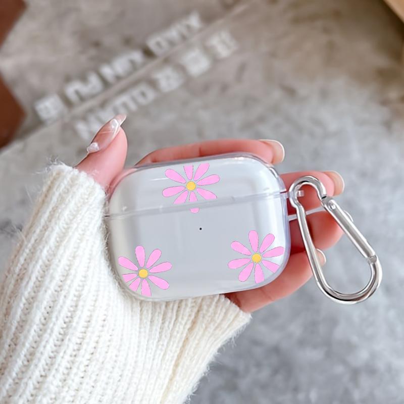 Pink Petal Pattern Pattern Protective Case for AirPods 4/3/2/1/Pro/Pro2 Soft TPU Earphone Cover, Transparent with Keychain