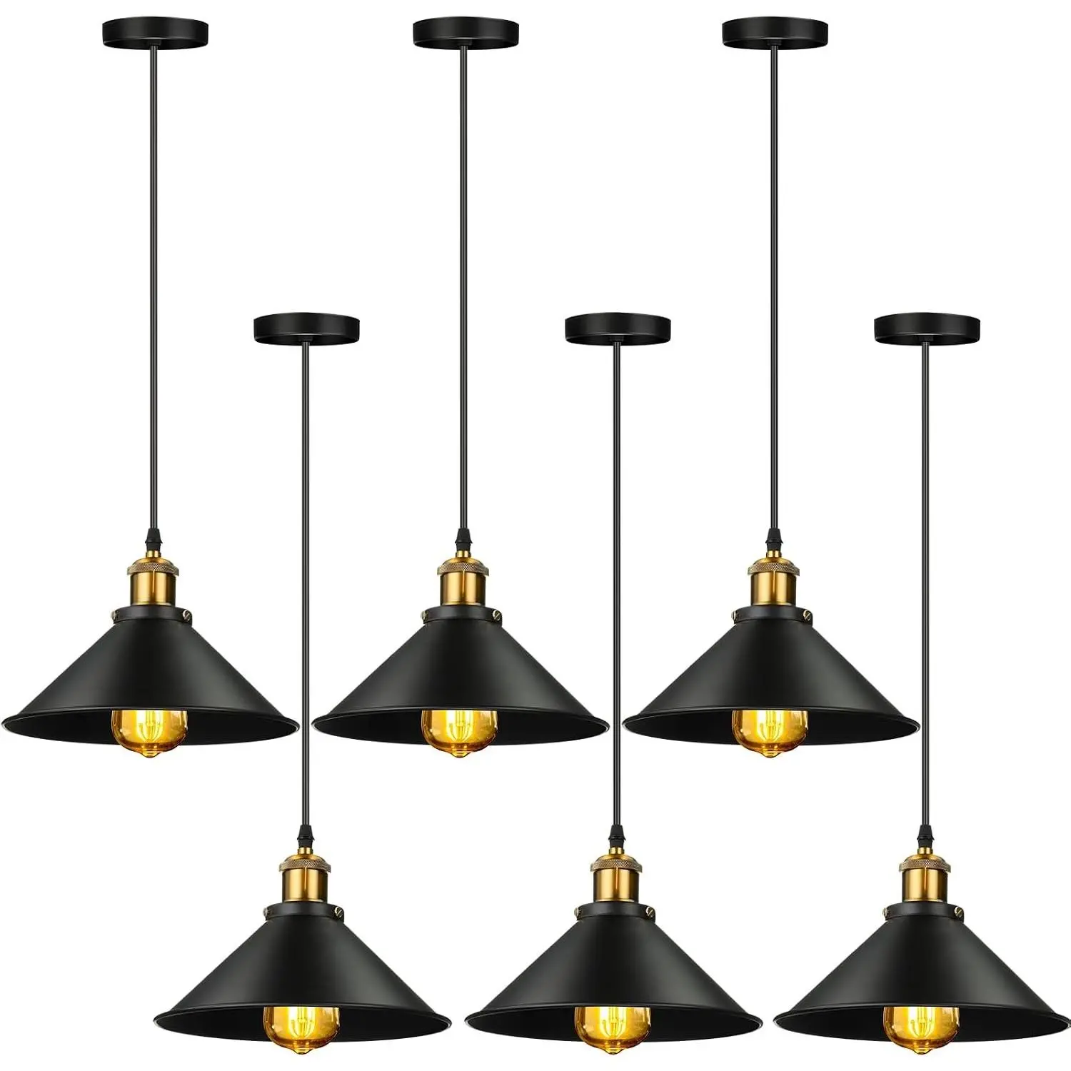 6 Pcs Industrial Pendant Light Vintage Metal E26 Base Hanging Light Rustic Dome Pendant Lamp Fixture Farmhouse Kitchen Hanging Ceiling Lamp for Dining Room Bedroom Hallway Bar (Black)