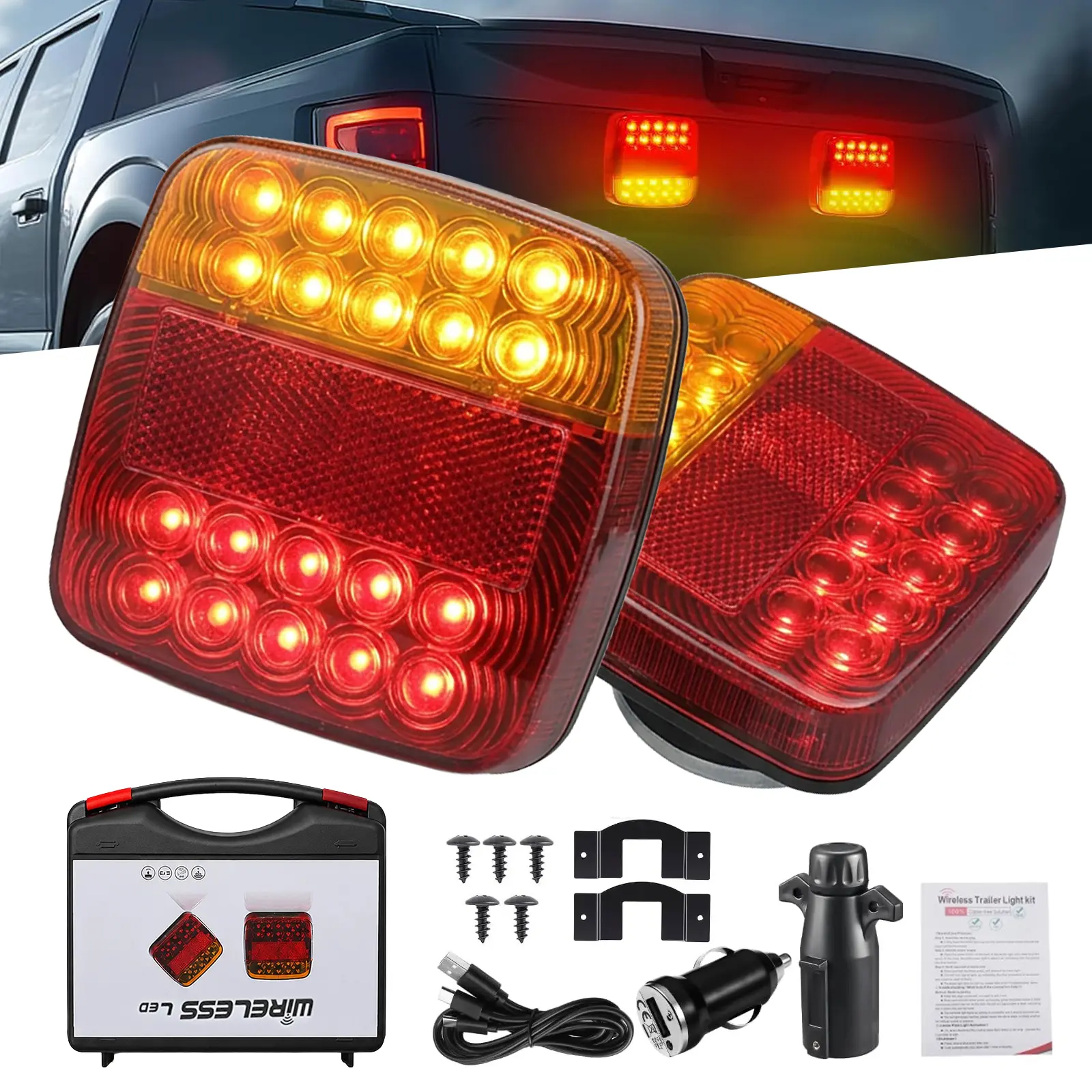 Wireless Magnetic Trailer Lights, IP65 Waterproof Rechargeable Remote Brake Turn Signal Lights, 100ft Long Distance Wireless Sync Trailer Lights for Truck Tractor RV Utility Trailers