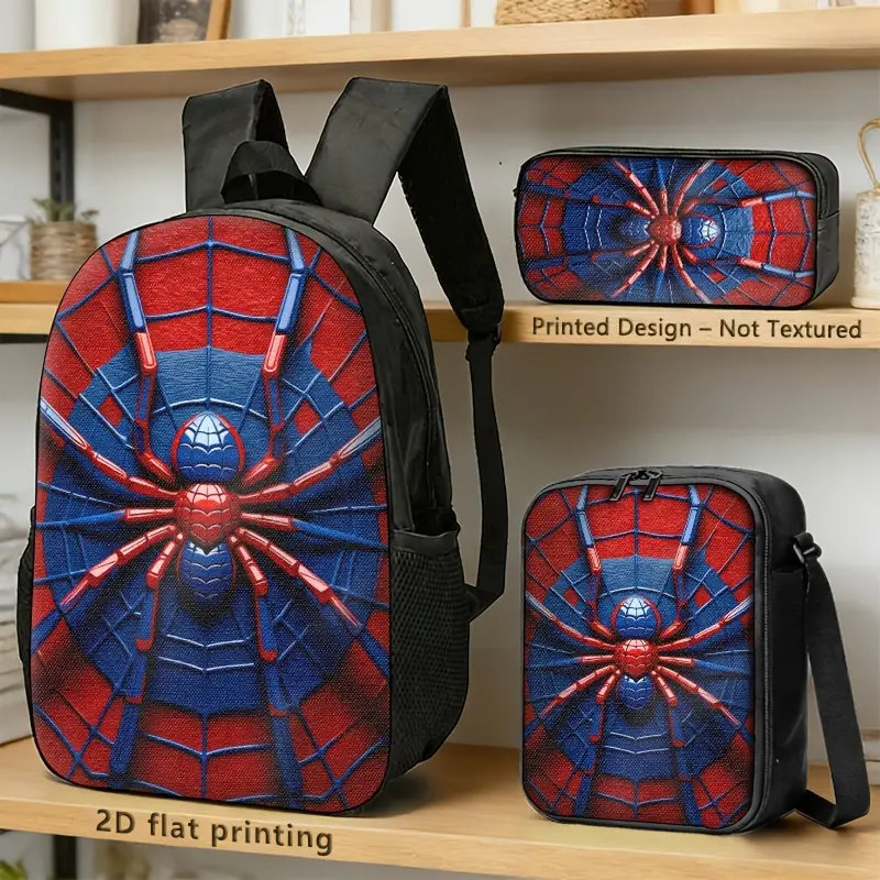 Classic Red Blue Halloween 3Pcs School Backpack, Backpack With Crossbody Storage Bag And Print Pencil Case, Trendy Casual Backpacks For Daily Outings # TikTokMadeMeBuyIt # SpiderBagCollection # BackToSchoolGear # FullPrintBag # YouthTravelEssentials