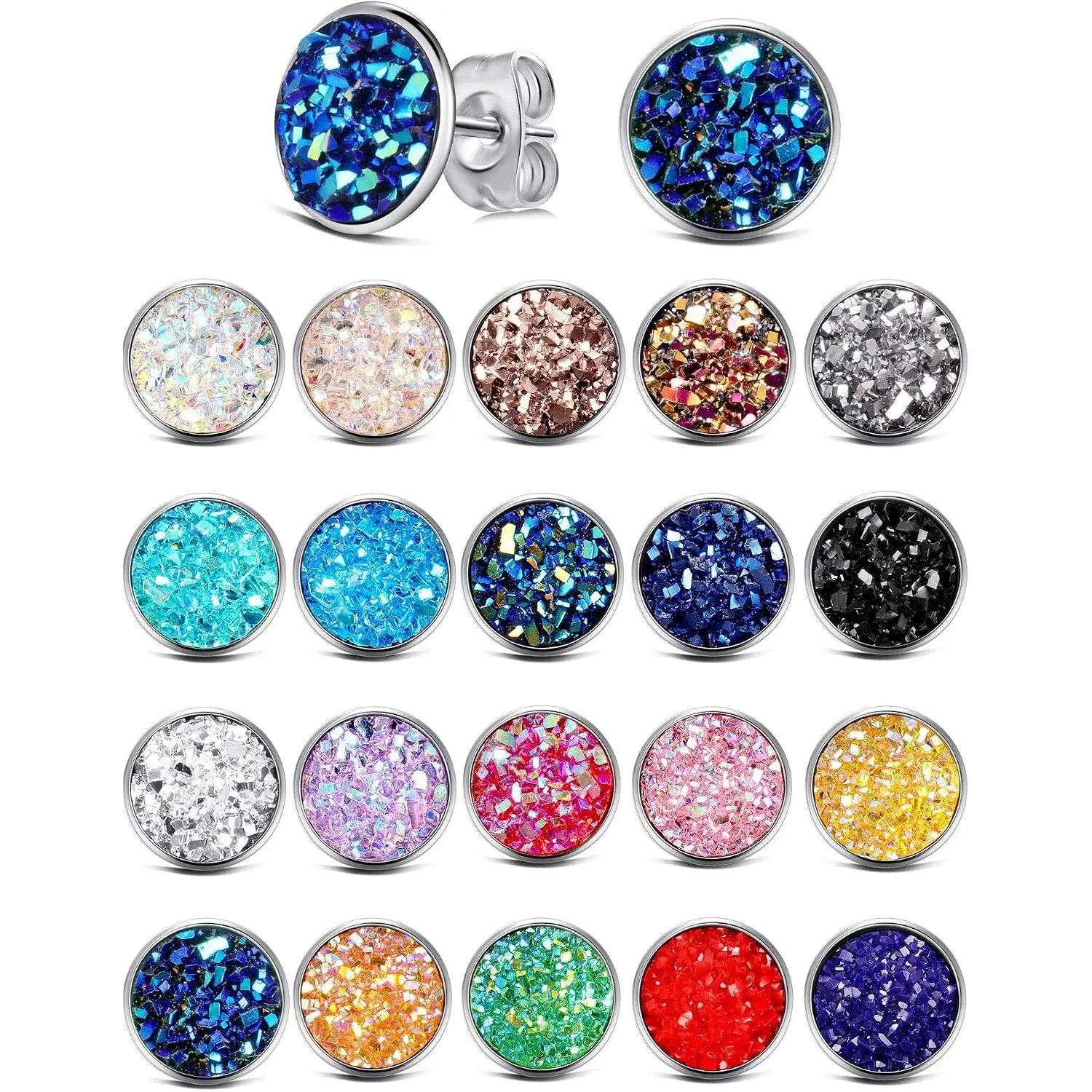 20 Pairs Round Stud Earrings Stainless Steel Druzy Stud Earring Anti  Fit Women Men Holiday Birthday Party
