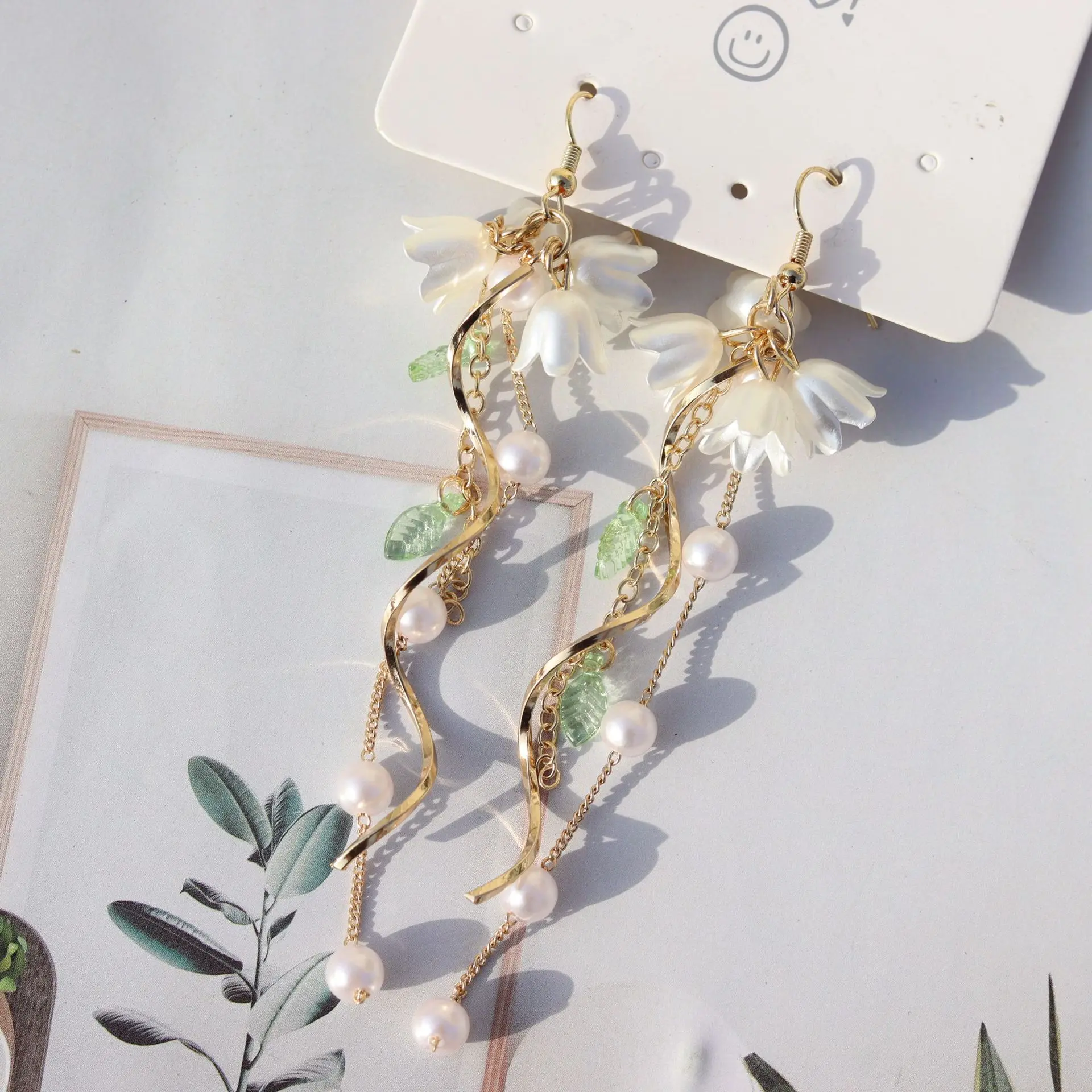 Lily of the Valley Earrings, French Vintage & Korean Style Floral Tassel, Long Length Dangle with Pearl Accents, Female, Flower Theme, Women's Fashion, Engagement, Hook Earrings