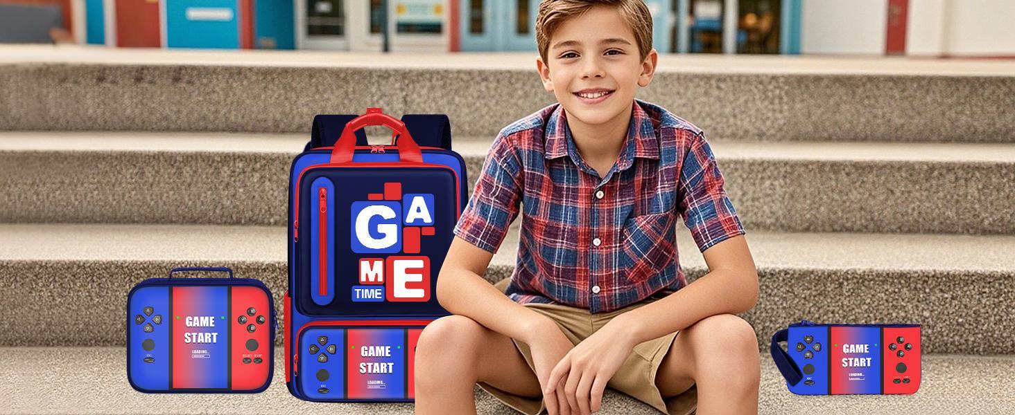 School Backpacks for Boys - 3PCS Gamer Boys Backpack with Lunch Box Set,Multifunctional Bookbag for Kids Teens Elementary Middle High School,17" Bookbag for Travel and Daily Use