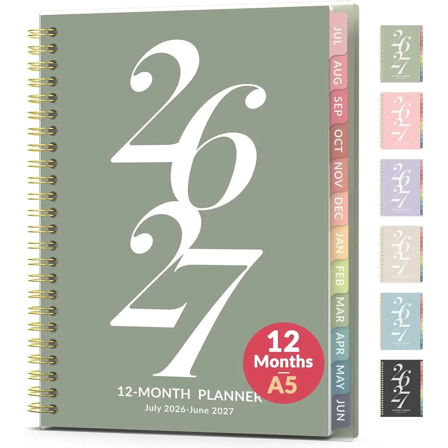 Planner 2026-2027, July 2026 - June 2027, 6.3" x 8.4" Academic Planner Monthly and Weekly Calendar Planner with Spiral Bound, Month Tabs, Flexible Cover for School Office (A5, Green)