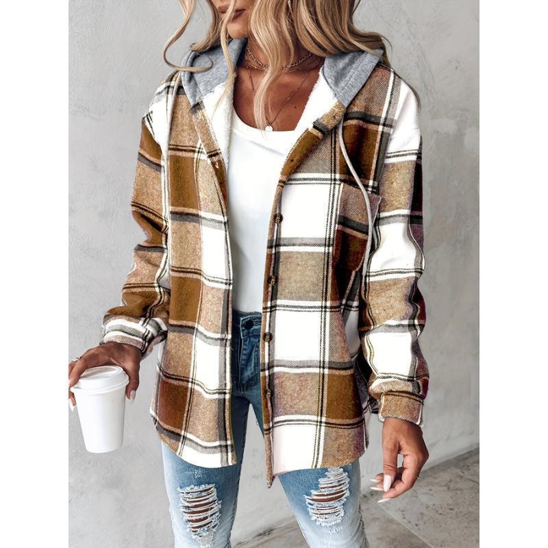 [Plaid Shacket] Warm Plaid Long Sleeve Shacket - Button Fleece Lined Hooded Jackets Coat Fabric Womenswear Polyester Tops..