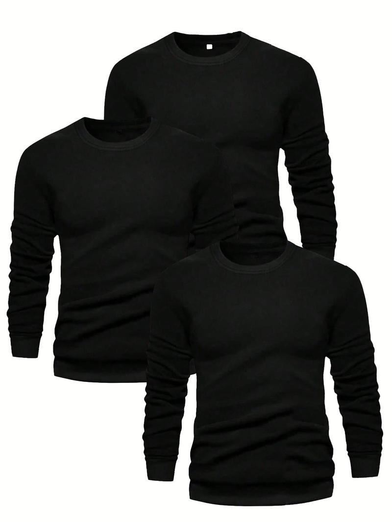 Men's Solid Long Sleeve Crew Neck T-shirt, Casual Regular Fit Basic Round Neck Tee for Fall & Winter, Men's Clothes for Daily Wear