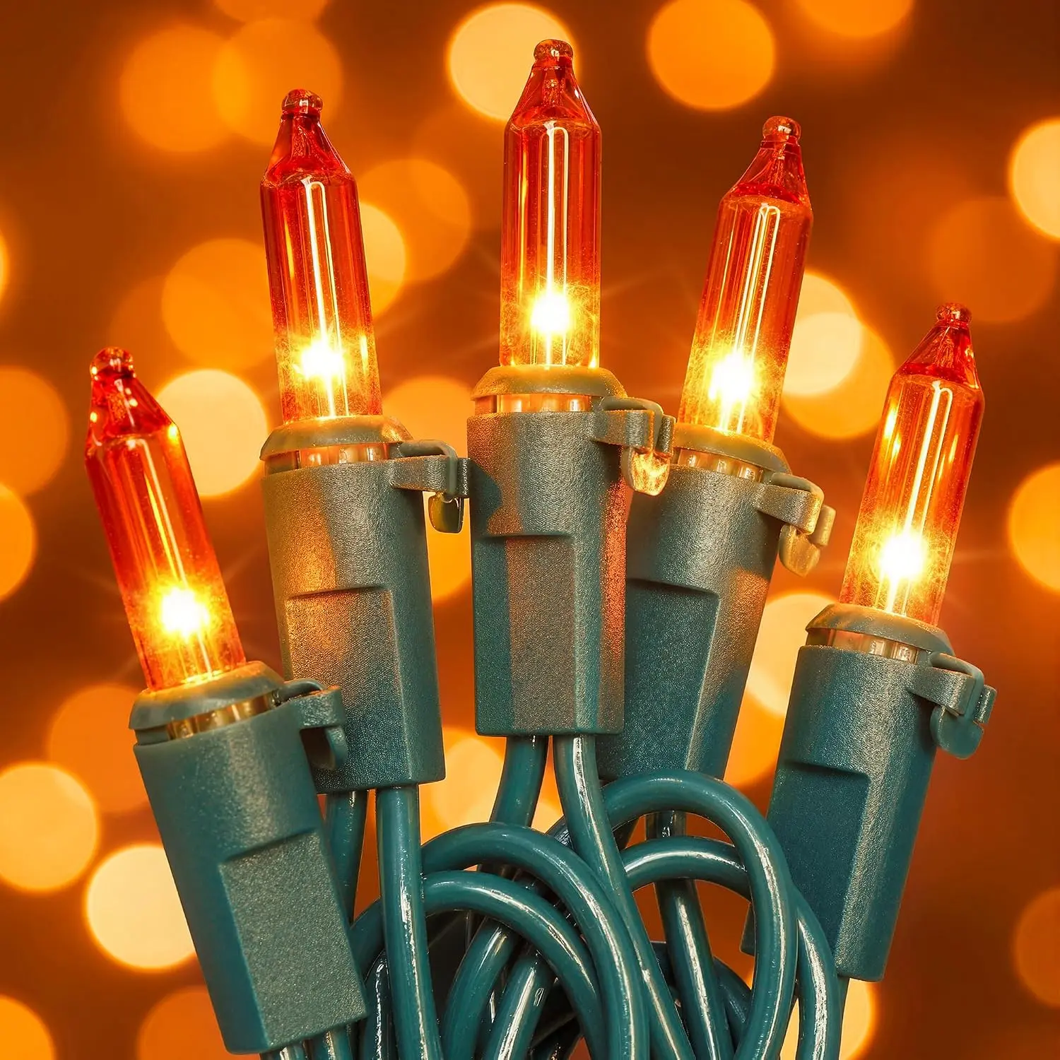 Orange Halloween Lights, 50 Count Incandescent Mini String Light, Connectable 13 FT Green Wire Christmas Lights Plug in for Indoor Outdoor Halloween Party, Fall, Thanksgiving Decor, Orange