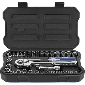 39-Piece Drive Socket Set 1/4'' & 3/8'', CR-V Metric and SAE Sockets with Quick-Release Ratchet Wrench, Extension Bar, Spinner Handle & Adapter, Compact Mechanics Tool Set for Car Repair