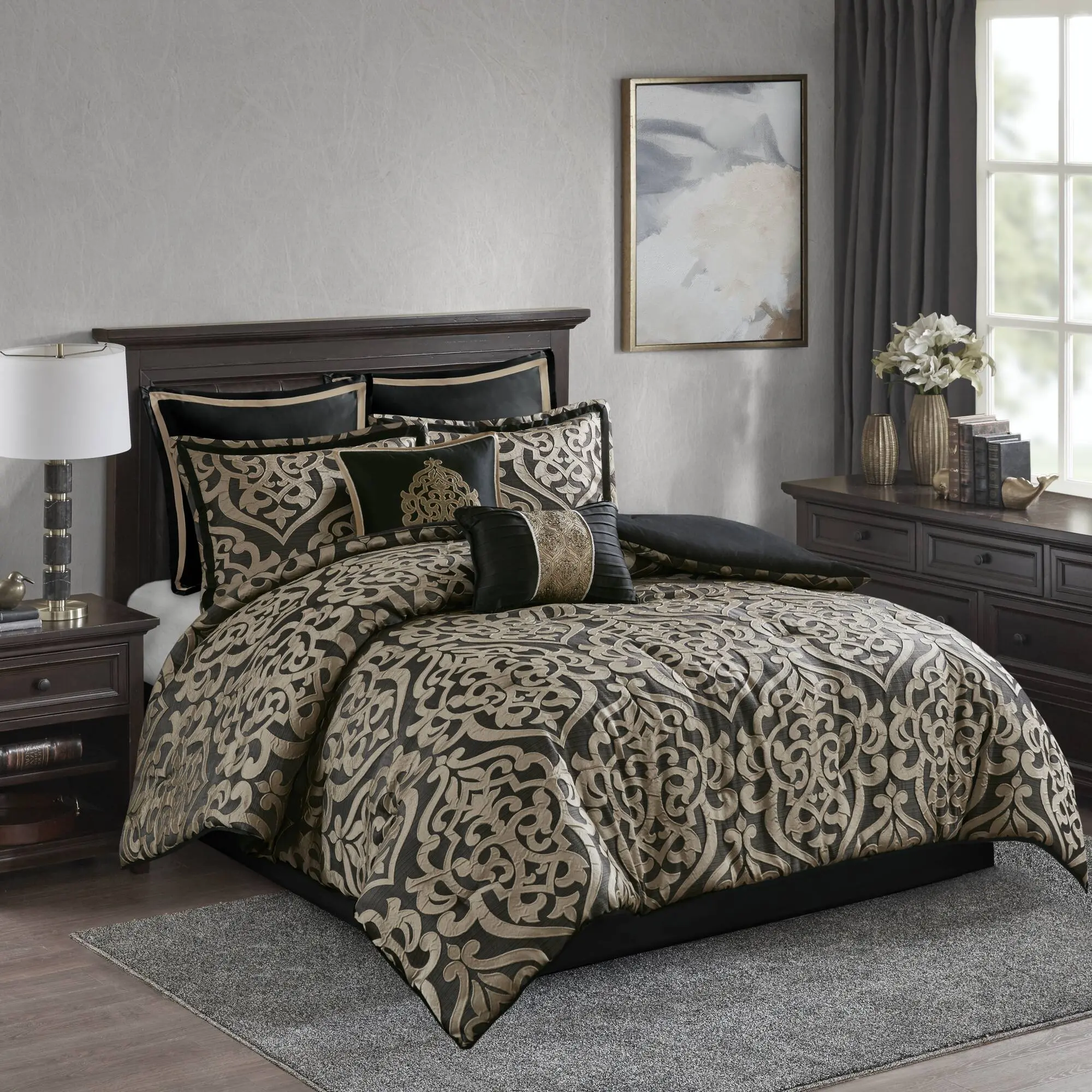Nokaa 8-Piece Queen Jacquard Comforter Set – Damask Weave Bedding with Euro Shams, Decorative Pillows & Bed Skirt, Hypoallergenic Polyester Fill, Machine Washable, All-Season Use, Black